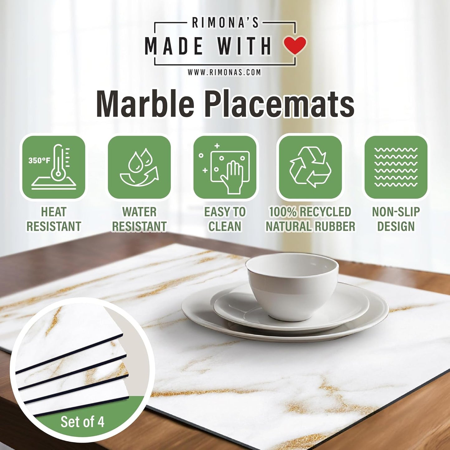 Heat Resistant Marble Placemats Set of 4 - Waterproof, Heat Proof Table Protector, Non-Slip