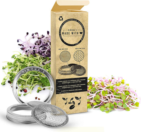 Sprouting Lids for Wide Mouth 9 pack (3 lid rings, 3 strainers of 1mm size, 3 strainers of 2.5mm size)