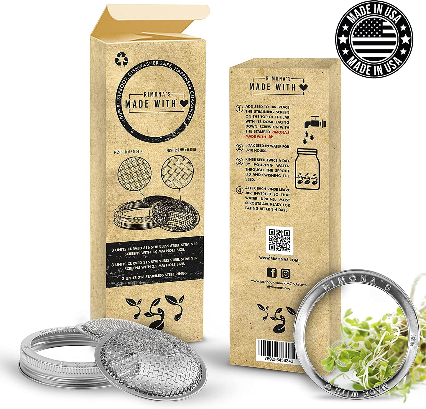 Sprouting Lids for Wide Mouth 9 pack (3 lid rings, 3 strainers of 1mm size, 3 strainers of 2.5mm size)