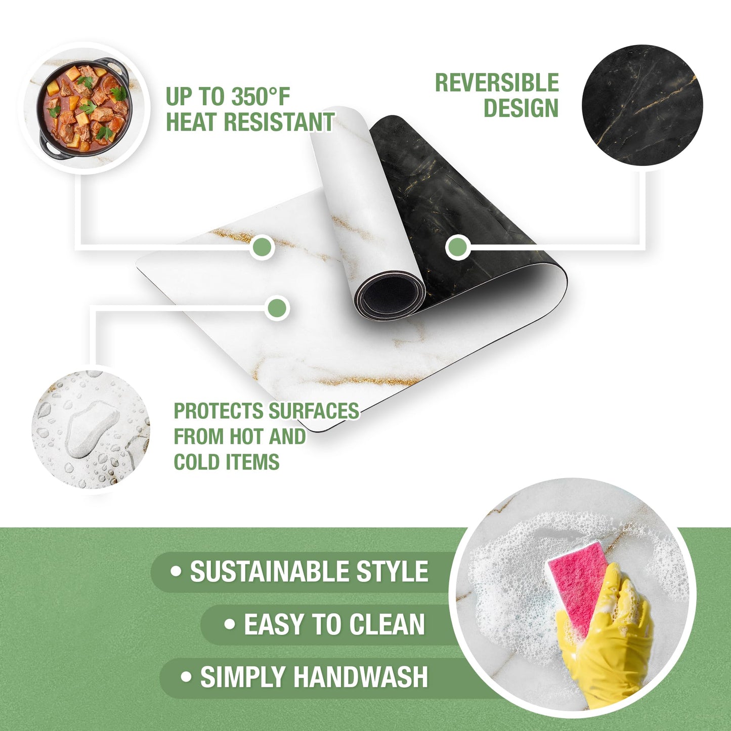 Thermo Heat Resistant Table Trivet Runner (2 Sides - White and Black Marble)