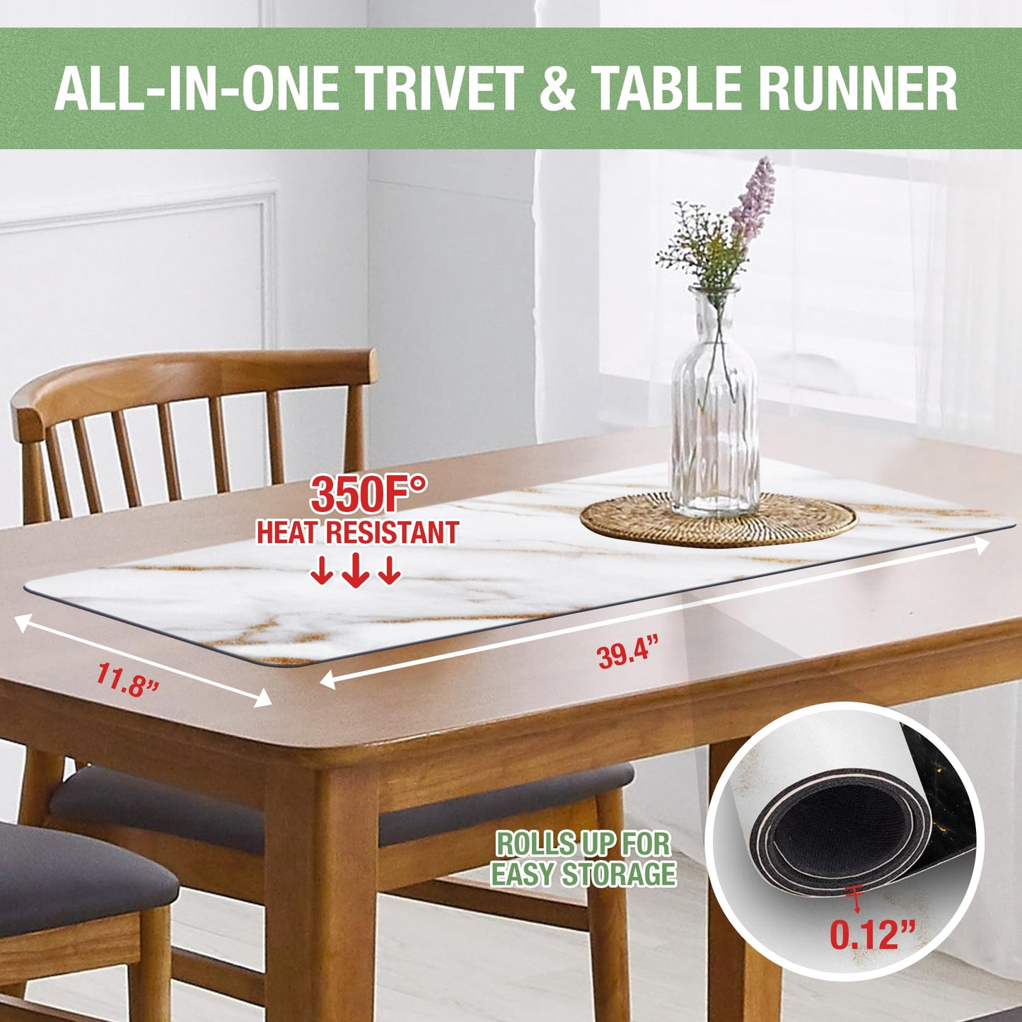 Thermo Heat Resistant Table Trivet Runner (2 Sides - White and Black Marble)