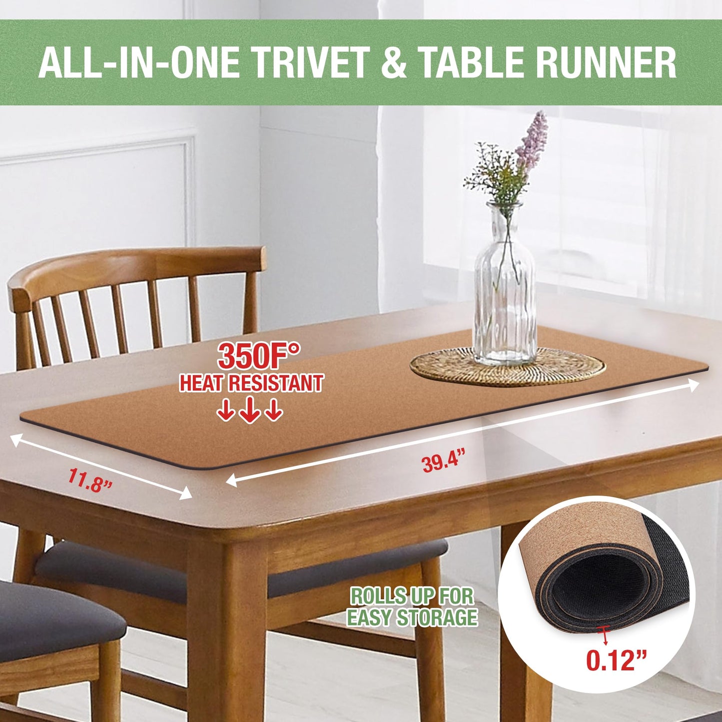 Thermo Heat Resistant Table Trivet Runner (Natural Fine Cork)